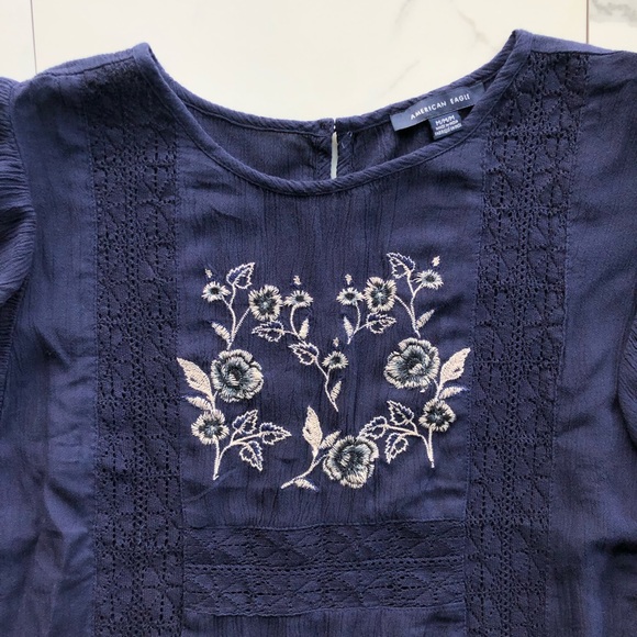 American Eagle Blue And White Embroidered Top - Picture 4 of 8